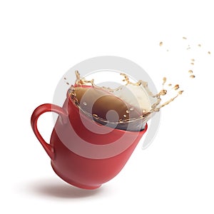 Red cup with a splash of tea or coffee in the dynamics. 3d realistic vector photo